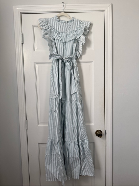 roque Dresses & Skirts - Women's Light Blue Striped Maxi Dress with Ruffle Yoke